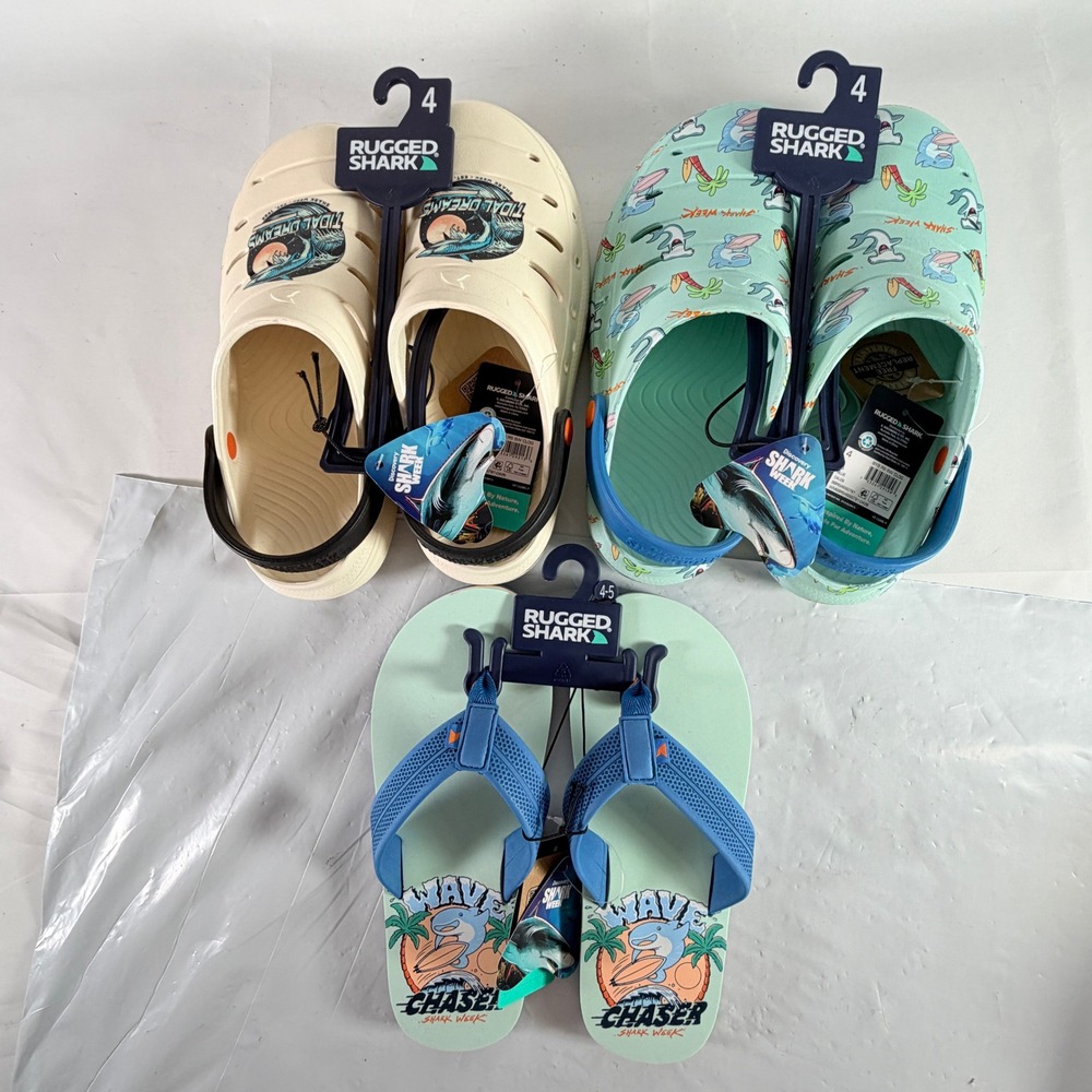 Rugged Discovery Shark Week Clogs & Flip Flops Boys Size 4/5 NWT Bundle Lot of 3